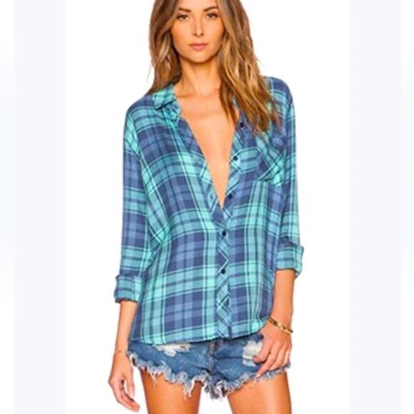 Rails Hunter Plaid Opal Blue Rayon Long Sleeve Button Up Shirt Size Small - Picture 1 of 9